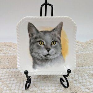 Vintage Royal Adderley Porcelain Trinket Dish with Gray Shorthair Cat